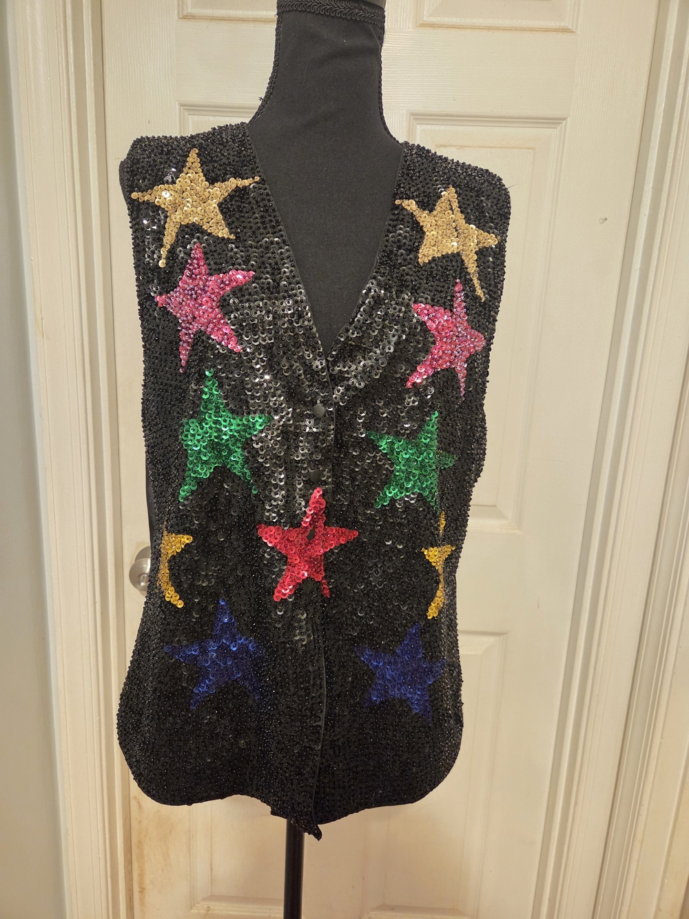 VINTAGE- Ultra Black Sequin Vest with Multicolor Sequin Stars